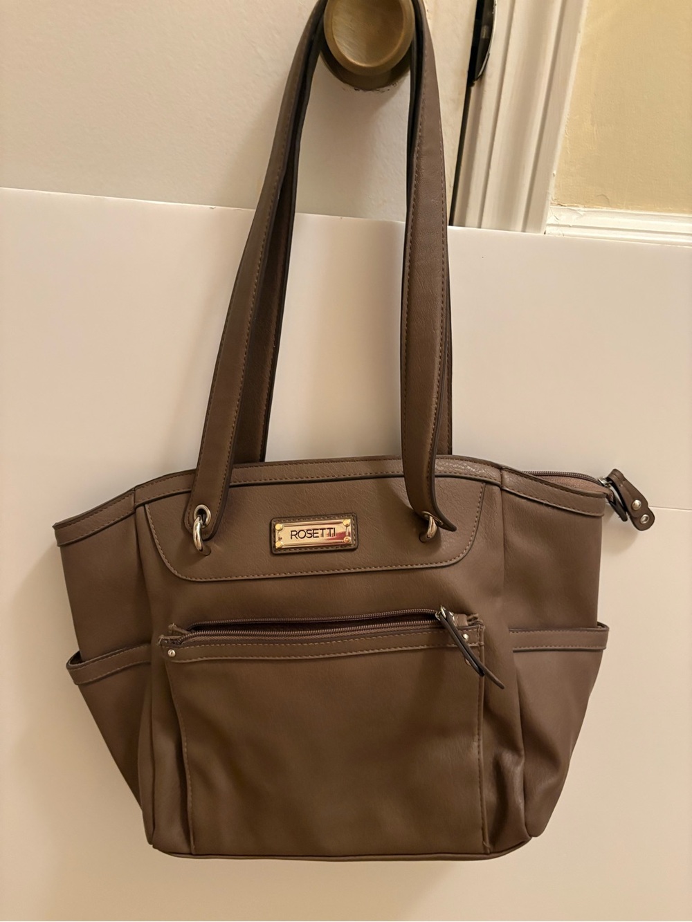 Rosetti Taupe Brown Leatherette Tote with Gold Logo